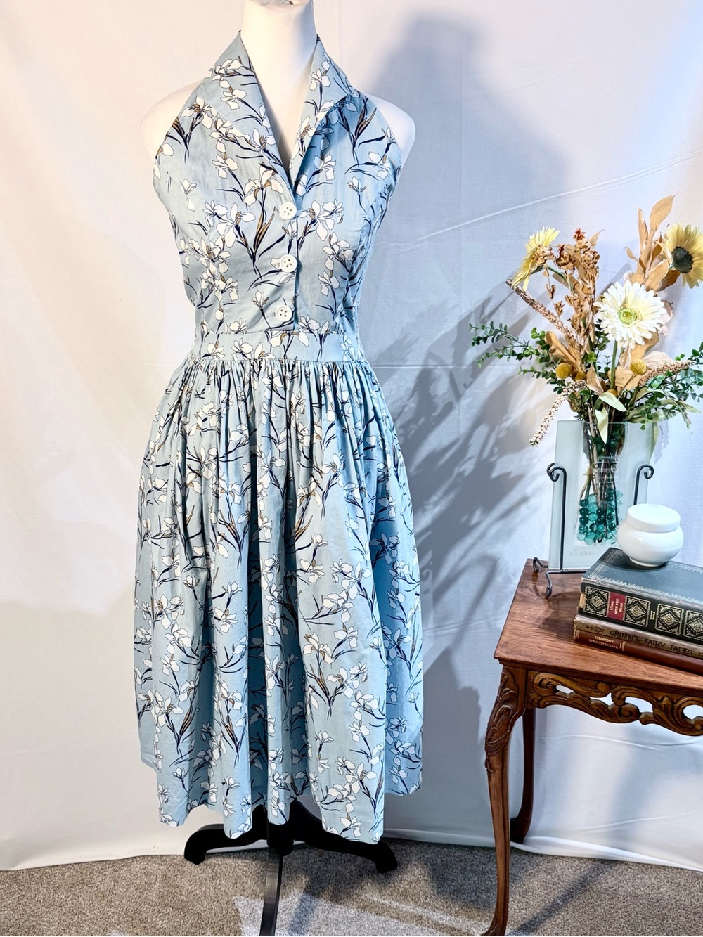 Hearts and Found Floral Button Bodice Halter Fit & Flare Dress Pockets Sz  L💚 - Picture 10 of 10
